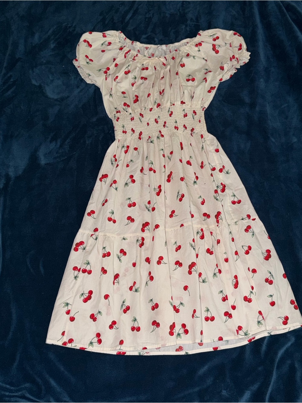 Kindred by Anthropologie White Cherry-Print Smocked Maxi Dress with Puff Sleeves